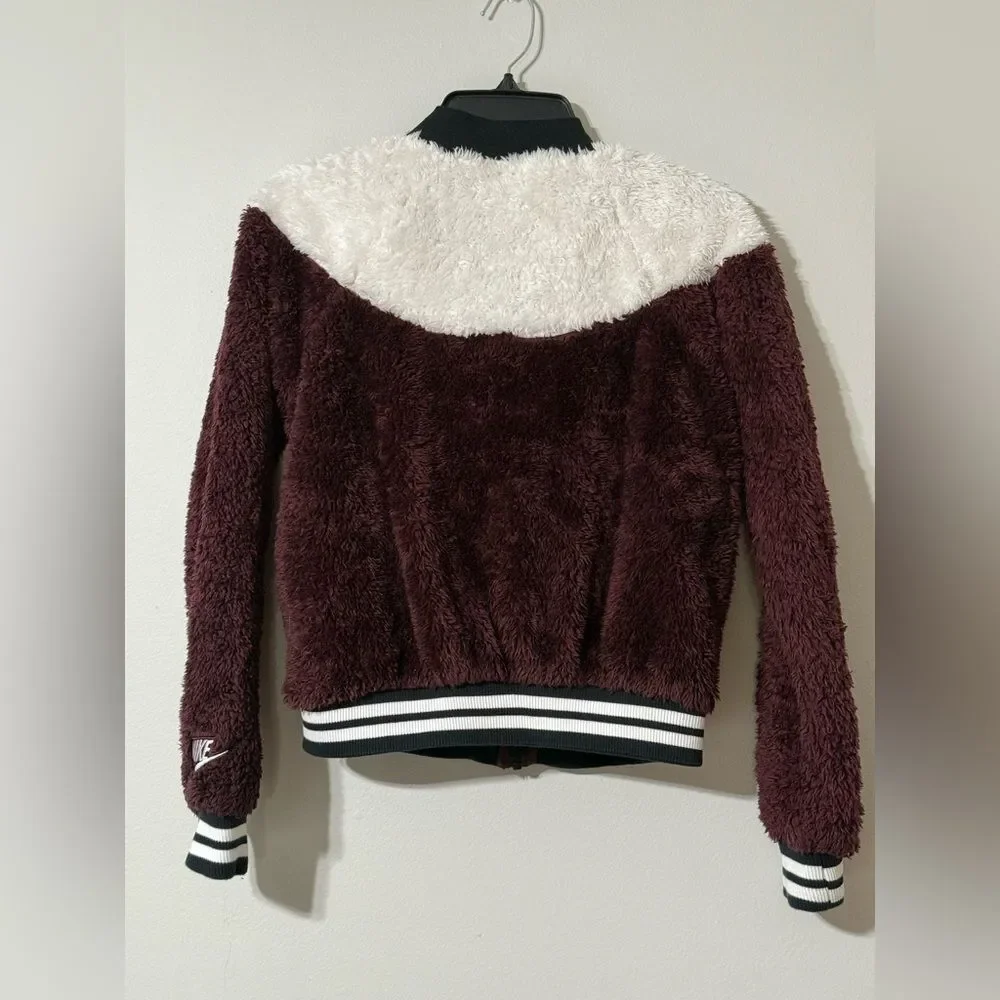 Burgundy Cream Chevron Color-Block Sherpa Cropped Full Zip Jacket Nike XS Extra